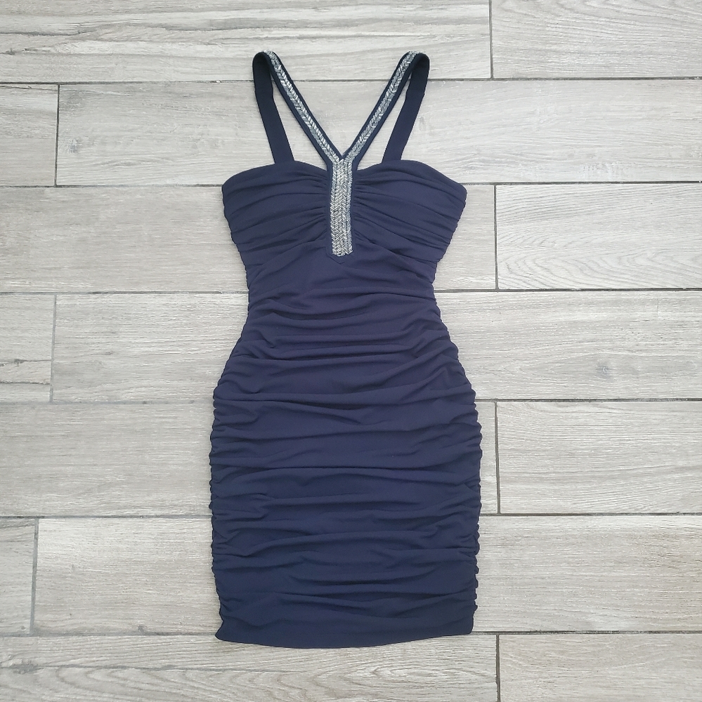 Trixxie junior's stretch navy dark blue beaded ruched sexy knee length dress S